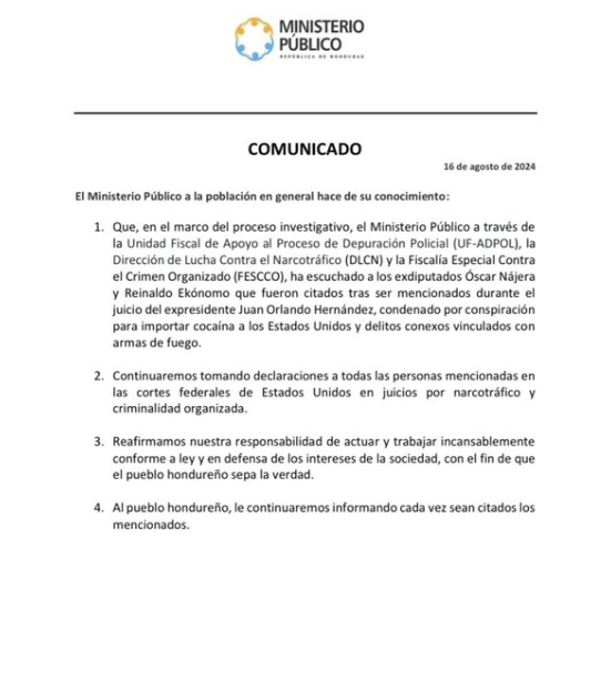 Ministerio Público sobre las primeras citaciones de mencionados en juicio contra JOH en Estados Unidos: