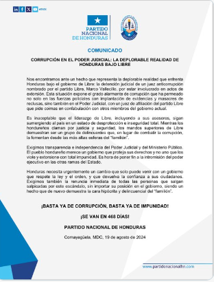 Comunicado del Partido Nacional por corrupción en el PJ.