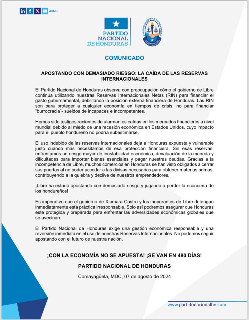 Comunicado del partido Nacional referente a las Reservas Internacionales