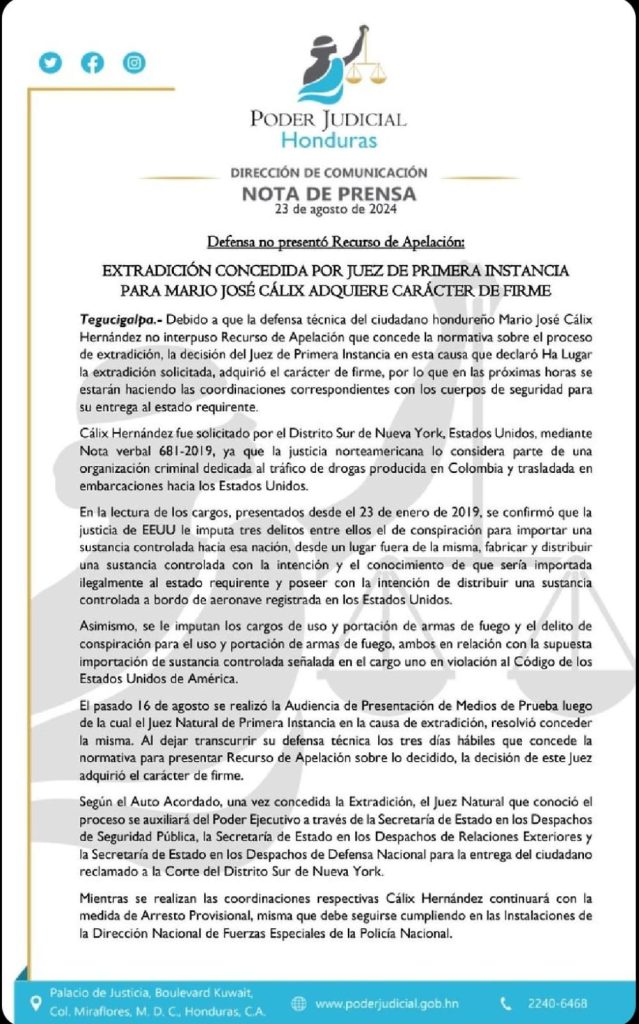 Extradición de Mario José Calix hacia EEUU