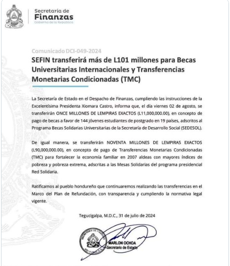 Transferencia al Programa de Becas Universitarias Internacionales y Transferencias Monetarias Condicionadas (TMC)