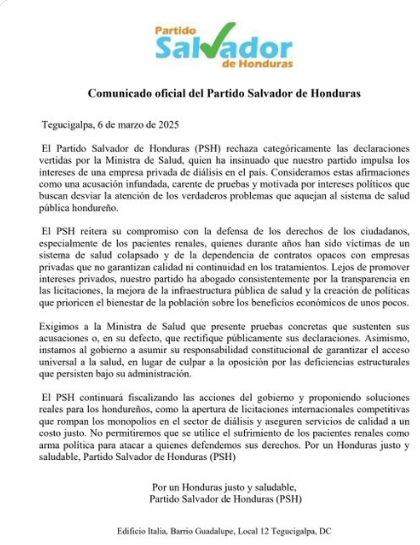 Comunicado Partido Salvador de Honduras (PSH)