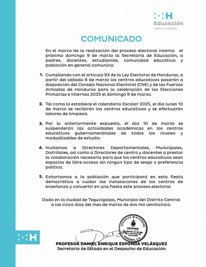 Comunicado de la secretaria de Educación