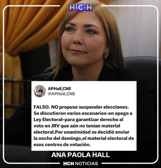 La consejera del CNE, Ana Paola Hall negó haber propuesto suspender las elecciones “FALSO. NO propuse suspender elecciones”