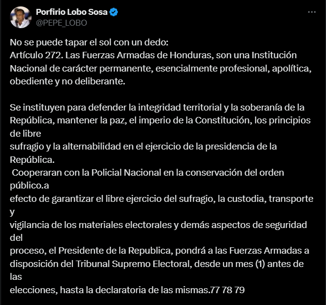 Pepe lobo afirma que los responsables del desastre electoral del pasado 9 de marzo, son las fuerzas armadas y nadie más.