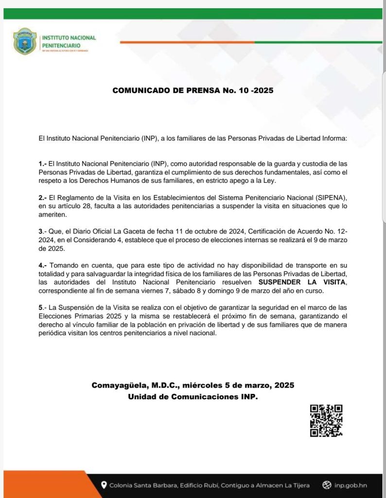 ¡A nivel nacional! Suspenden visitas a cárceles este fin de semana electoral!