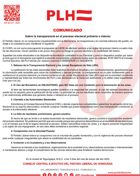 Preocupa transparencia de las elecciones ante los cambios que pretende hacer Libre, advierte el Partido Liberal (PL)